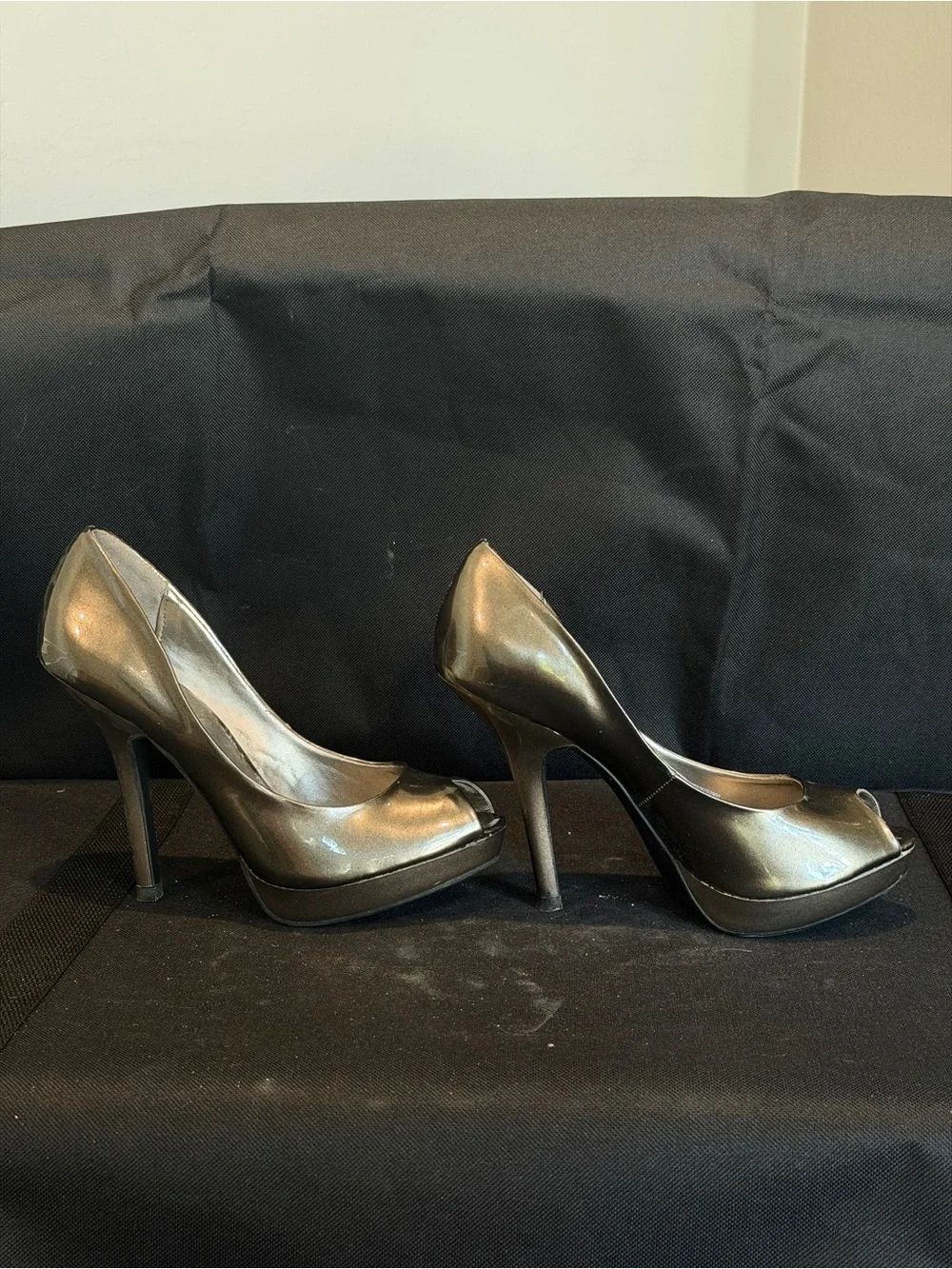 Fergie Metallic Pewter Peep-Toe High Heels